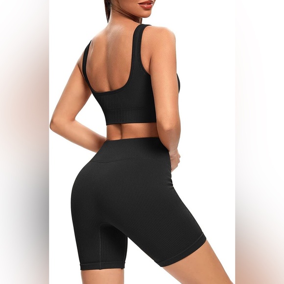 Women's Workout Sets Ribbed Tank 2 Piece Seamless High Waist Gym Outfit - Picture 3 of 5